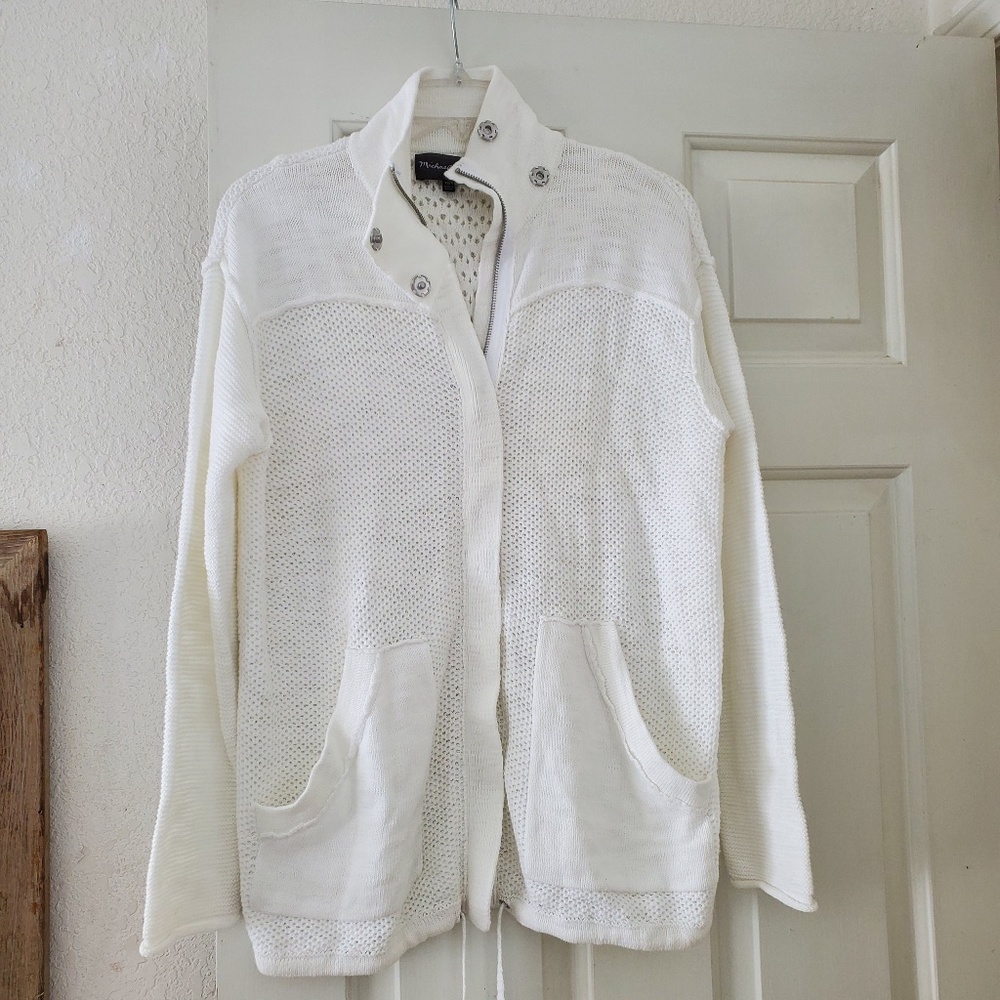 Michael Stars White Tie Long Sleeve Front Zipper Cardigan Sweater  SMALL